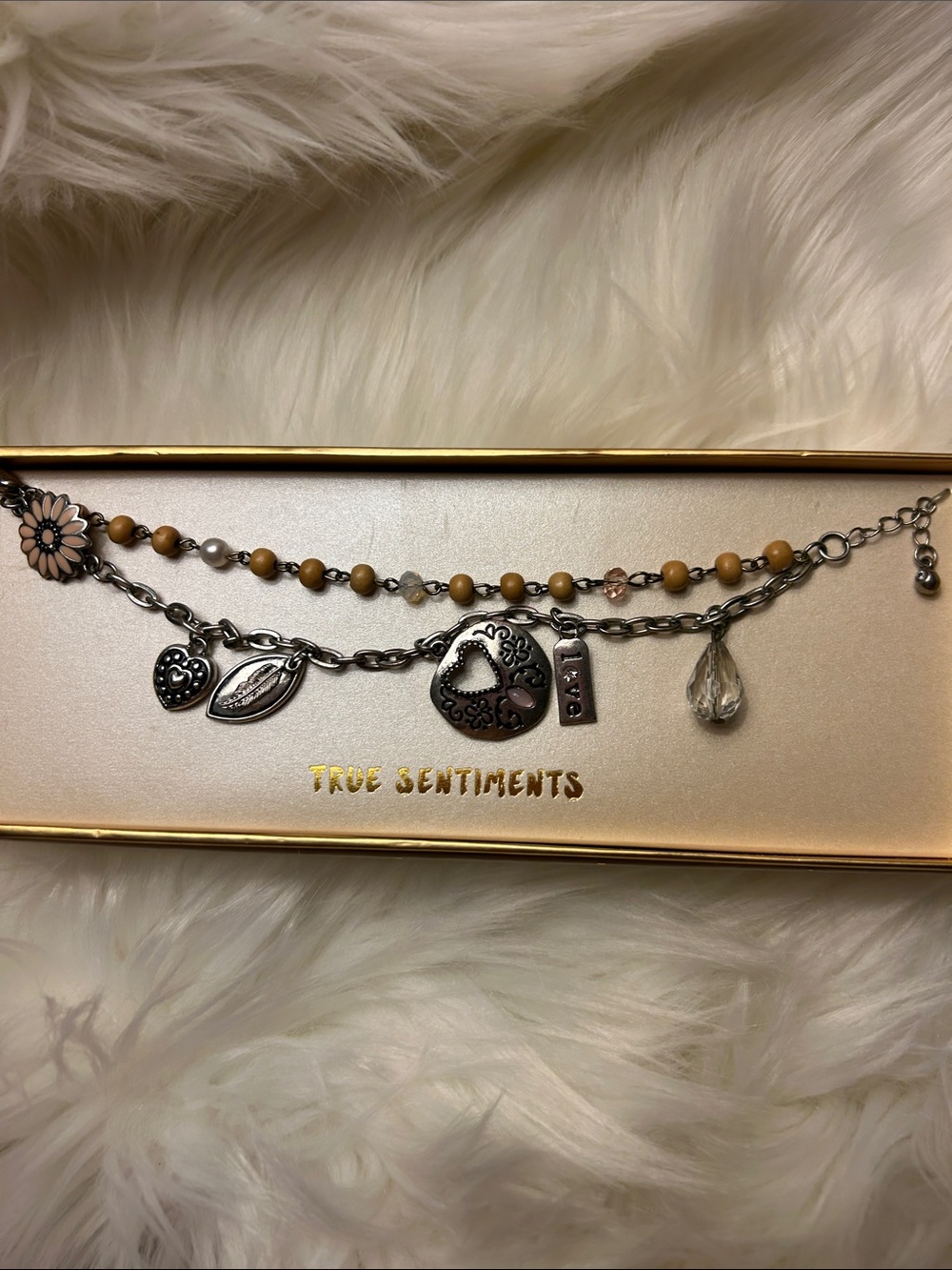 Silver Charm Bracelet with Beige Beads